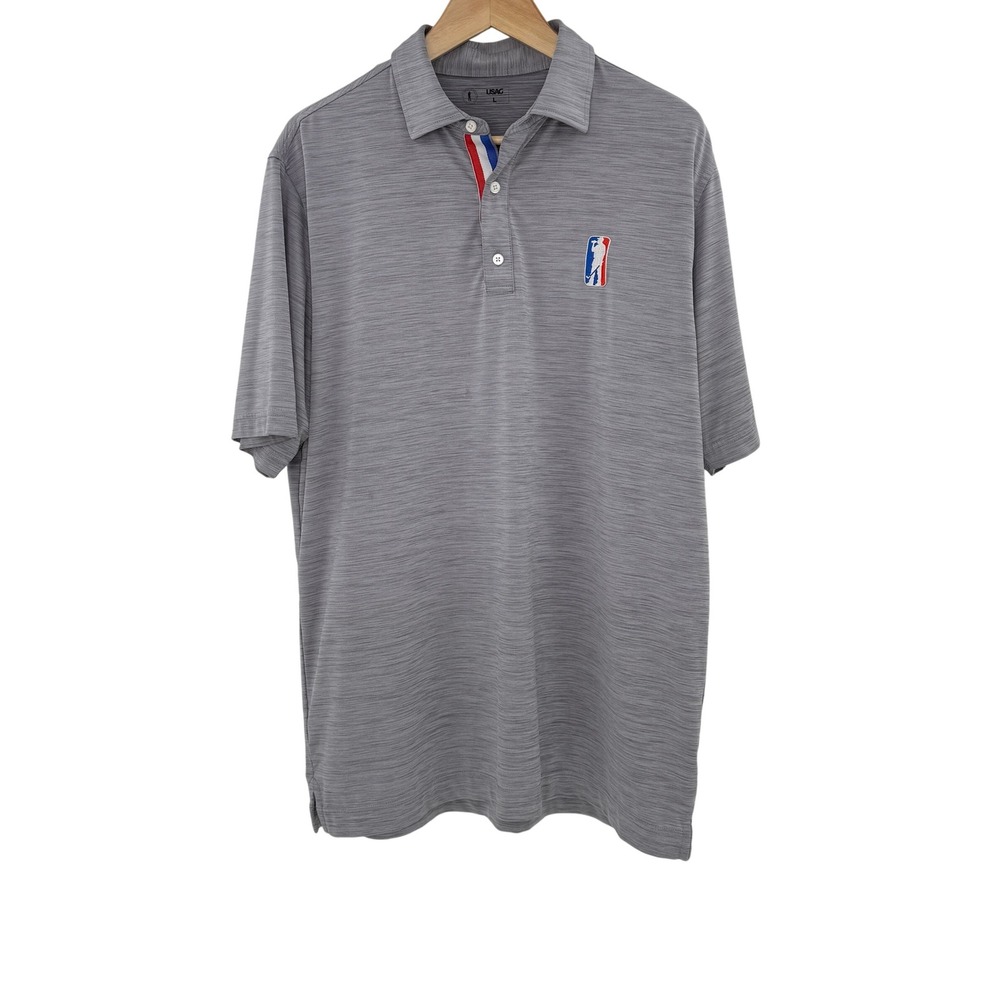 USAG Mens Large Gray Heathered Golf Polo Shirt USA Flag Accent‎ Short Sleeve
